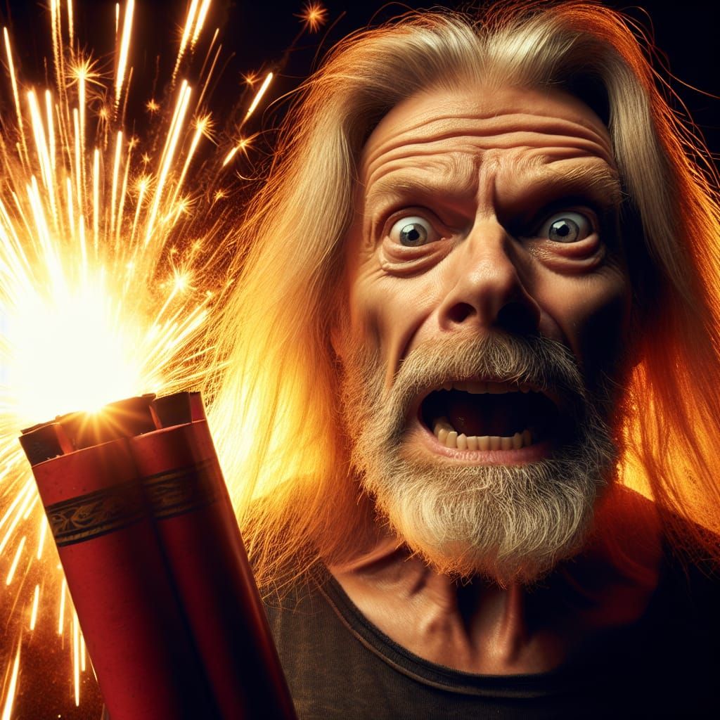 Gary Busey with a very large fire cracker exploding in his hand. He has ...
