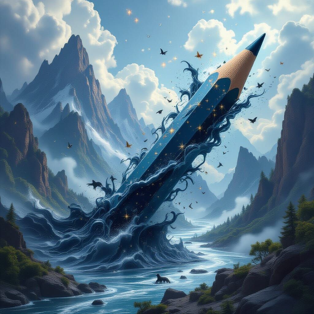 . A colossal pencil breaking apart into a flowing river of ink and ideas, forming mountains, animals, and stars from the graphite currents.