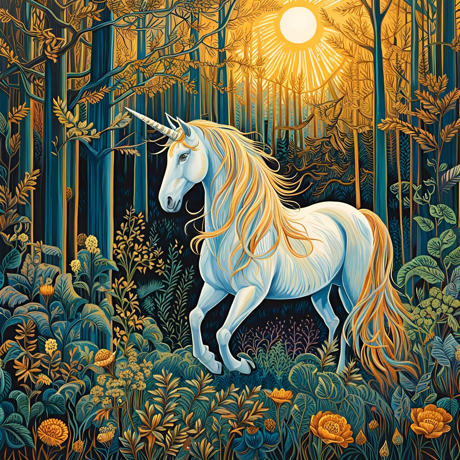 Beautiful unicorn in legendary forest golden evening light b...