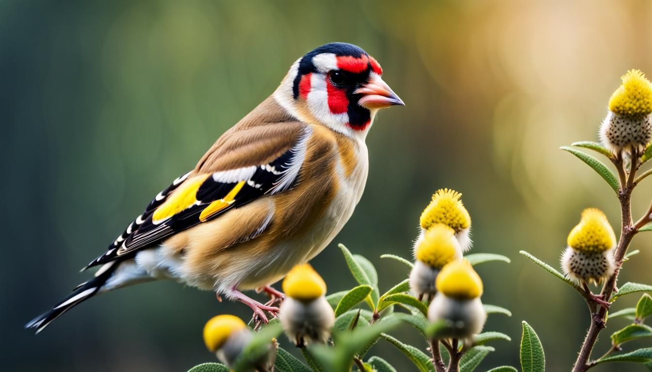 European goldfinch is sitting on a bush, looking sideways.