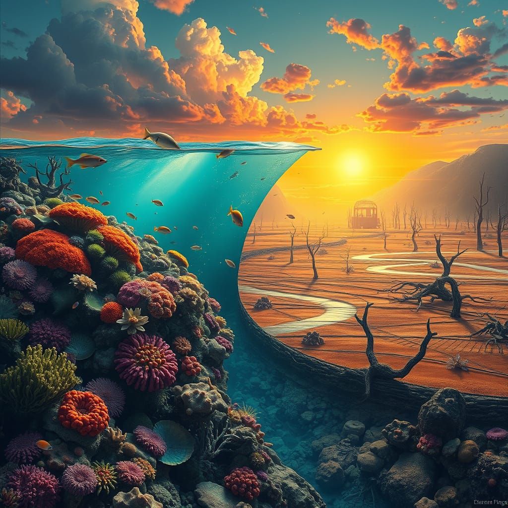 a vibrant coral reef teeming with marine life, contrasted against a desolate, barren wasteland. The coral ...  by @Shadowbird