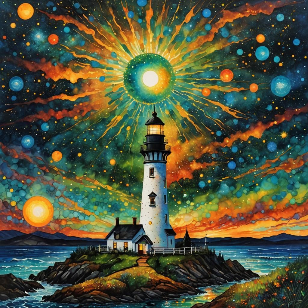 Cosmic sun sparkling Lighthouse eerie pointillism Impressionism alcohol ink Olga Kvasha, Mark Bradford ...  by @Artiz