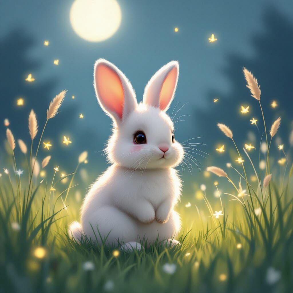 White Rabbit in Moonlit Meadow