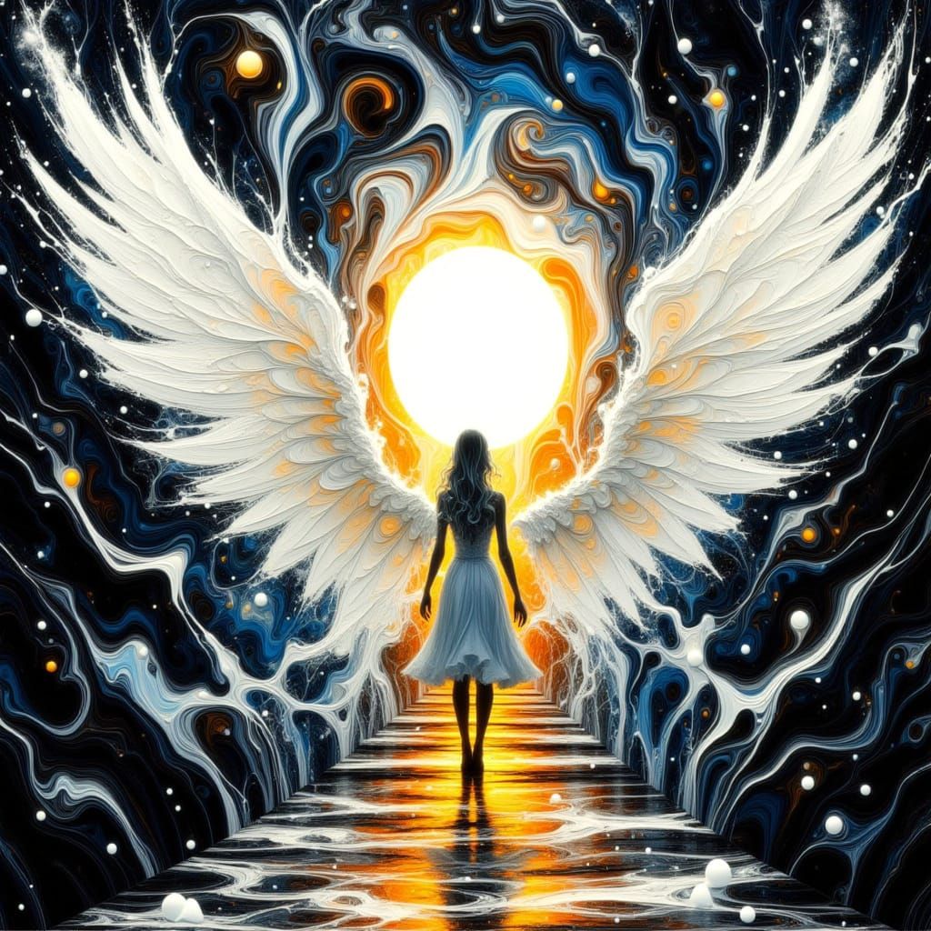 <lora:JPO:1.0> Surreal bridge between two canvas. 3D Optical Illusion diptych canvas Inside a glowing door on the moon Floating island. Deta...