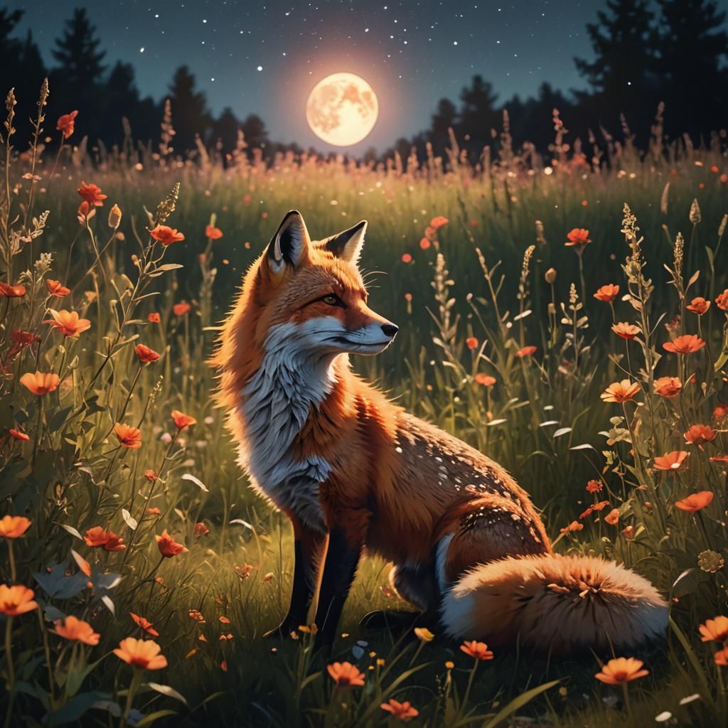 Fox in Moonlit Meadow with Fireflies