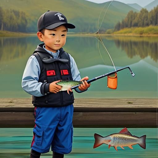 Fishing pole, fish, kid and grand Uncle
