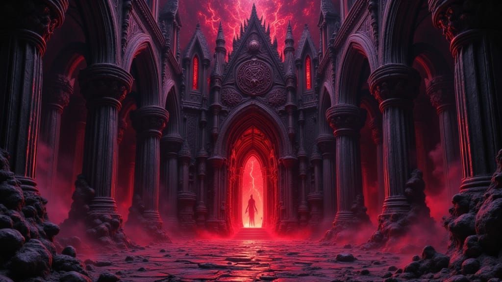 Gothic Cathedral Portal in Blood-Red Shadows