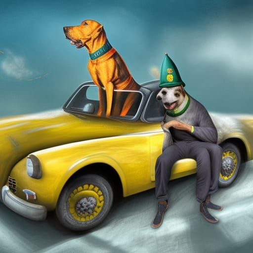 detailed man sitting in a yellow car wearing a Baseball cap , Dog , detailed racehorse, Castle, detailed ...  by @carammelcreator