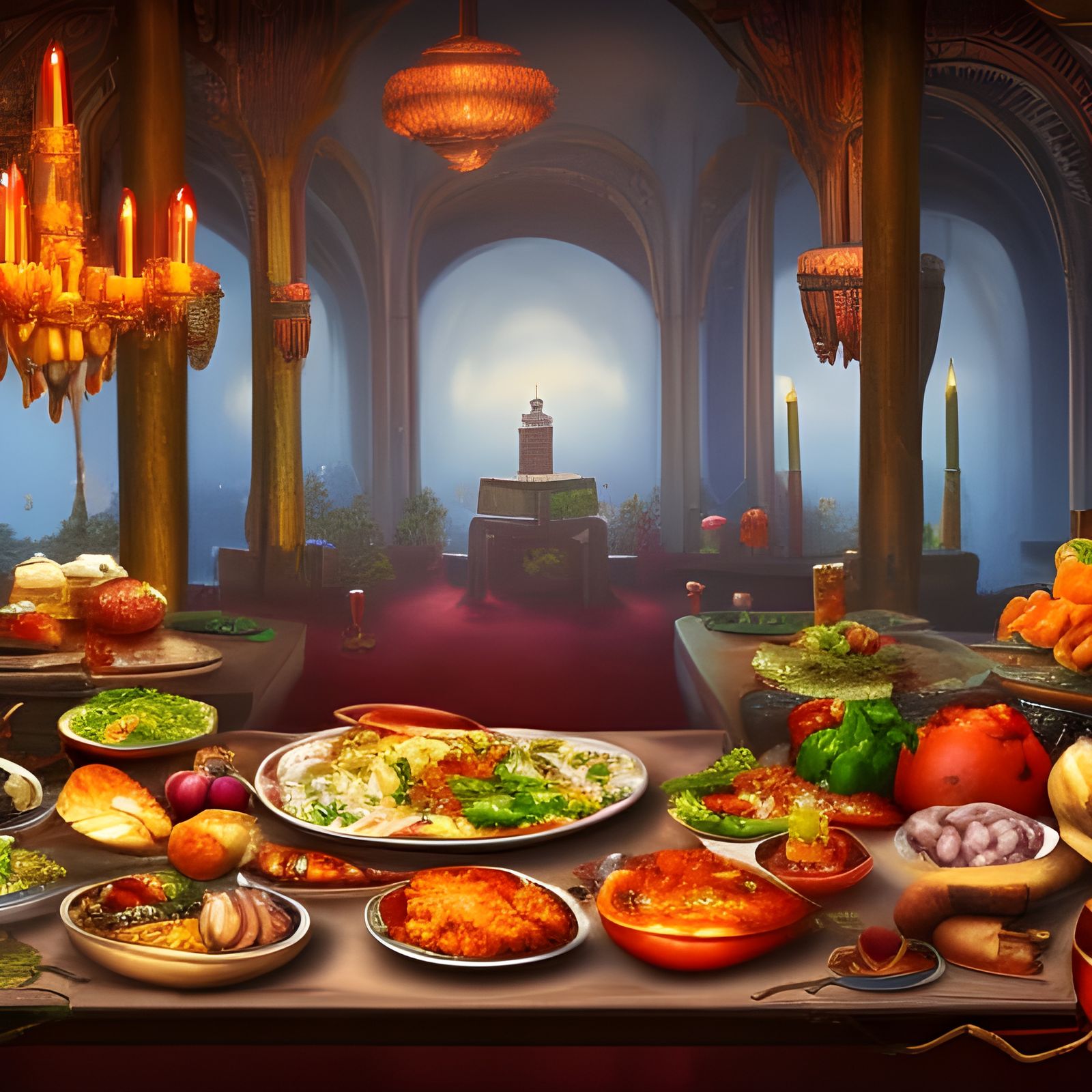 Table full of food in God's hall AI Generated Artwork NightCafe Creator