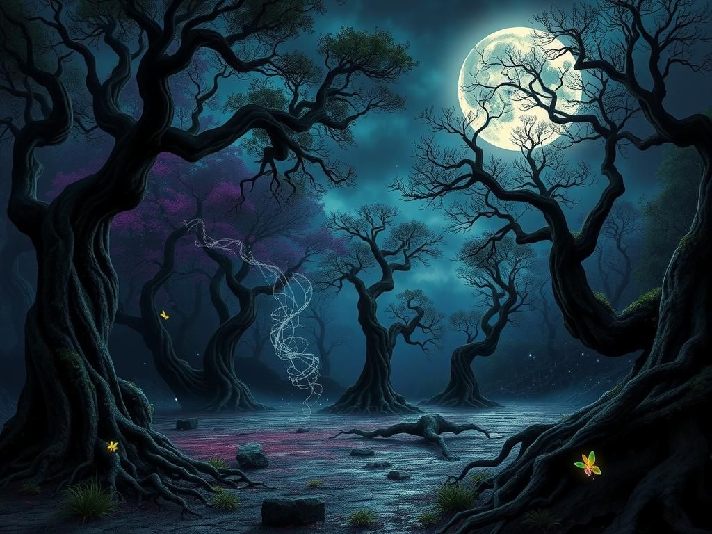 A mystical, abandoned ritual clearing within a dark, primeval forest, surrounded by lush and twisted ancient trees, their gnarled branches l...