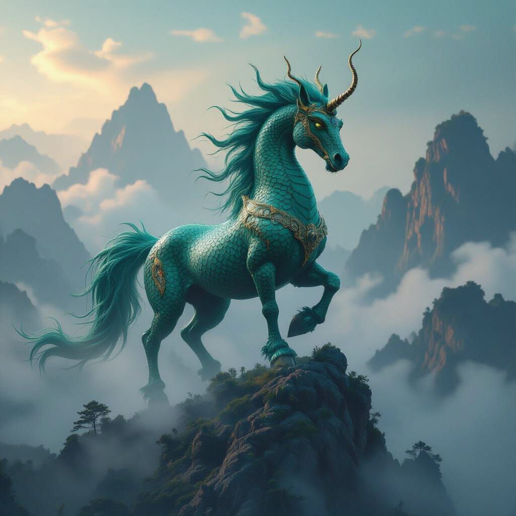 Majestic Dragon Horse on Misty Mountain Peak