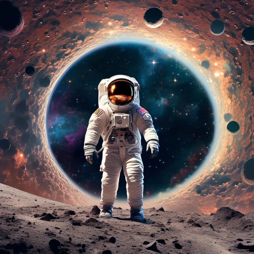 man stepping on the moon in his space outfit, , looking out ...
