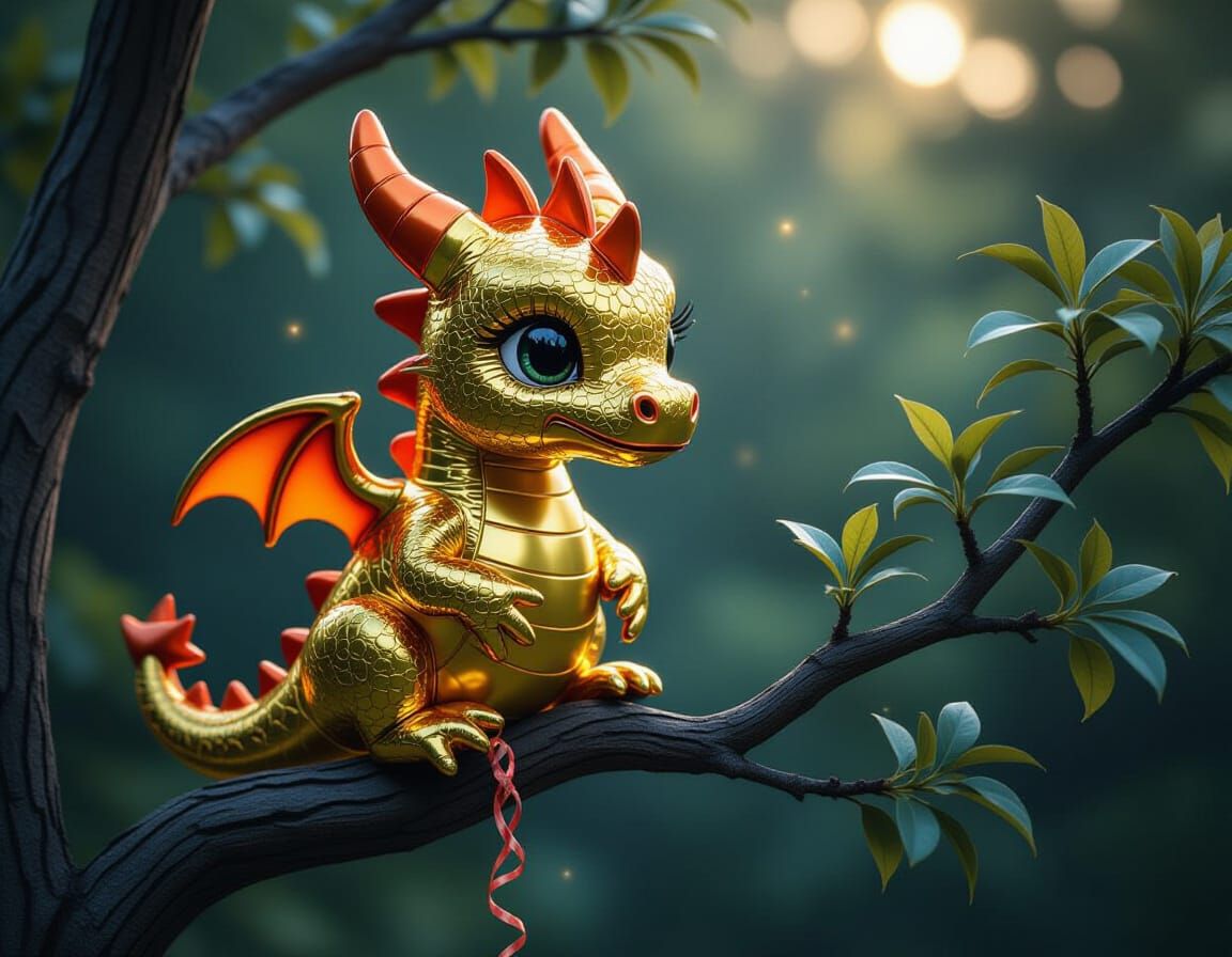 A hyper-realistic digital artwork of an adorable shiny squeaky baby dragon shaped balloon, with the balloon string tied around a tree branch...
