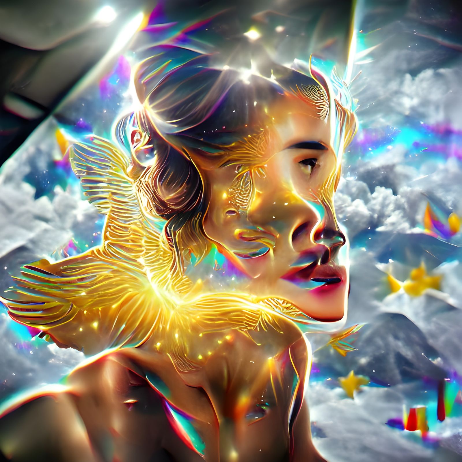 Golden, Angel, Golden rays, Heaven, Stars, Wings