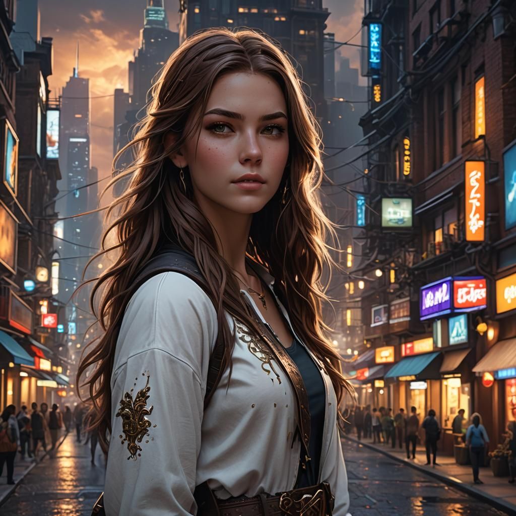 long brown haired teenager white girl night city confident