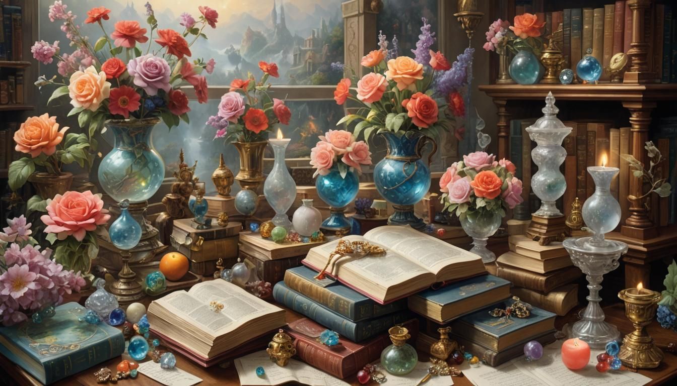 Weird still-life flowers, vases, glass, sculpture, books, ni...