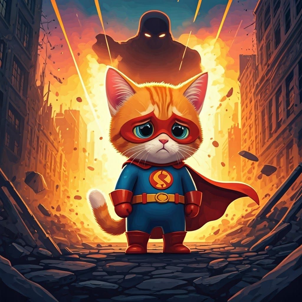 Heartbroken Superhero Cat in Comic Book Cityscape