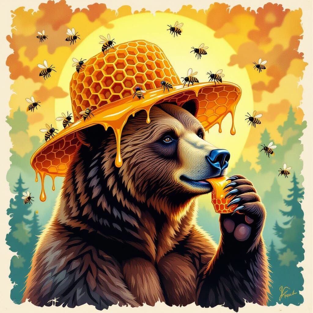 Hat made entirely of honey comb, dripping honey, and bees. A brown bear wears the hat. A brown bear licking ...  by @Edtf