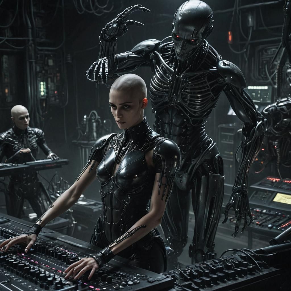 A striking cyberpunk-inspired scene of a woman with a shaved...