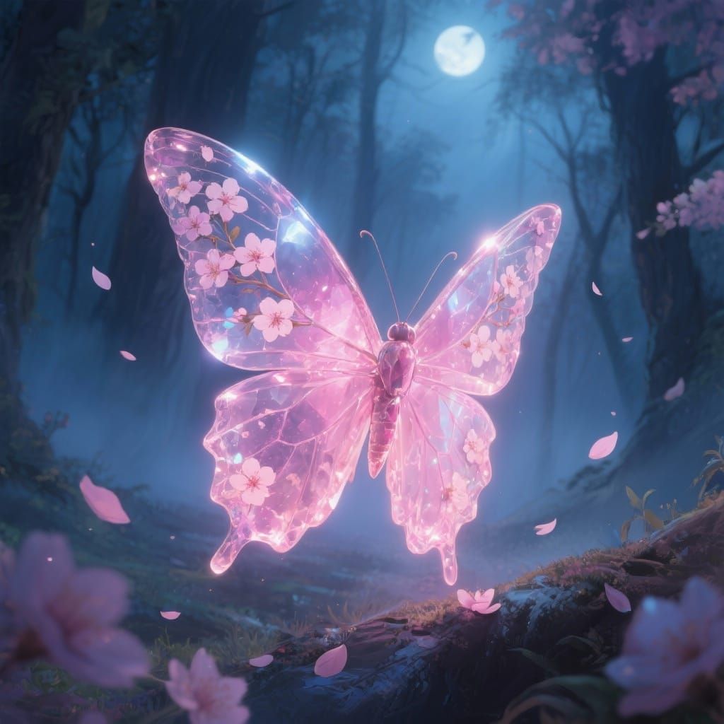 A masterpiece digital painting of a single, magnificent butterfly in an enchanted forest at night. Its wings are crafted from luminous, tran...