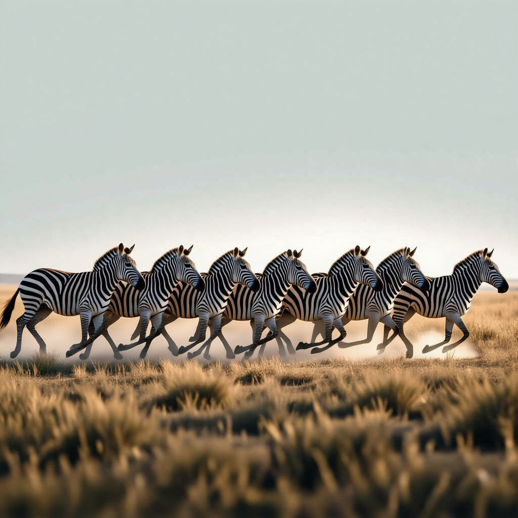 A group of zebras silhouette running across with light grey background to make zebras prominent 