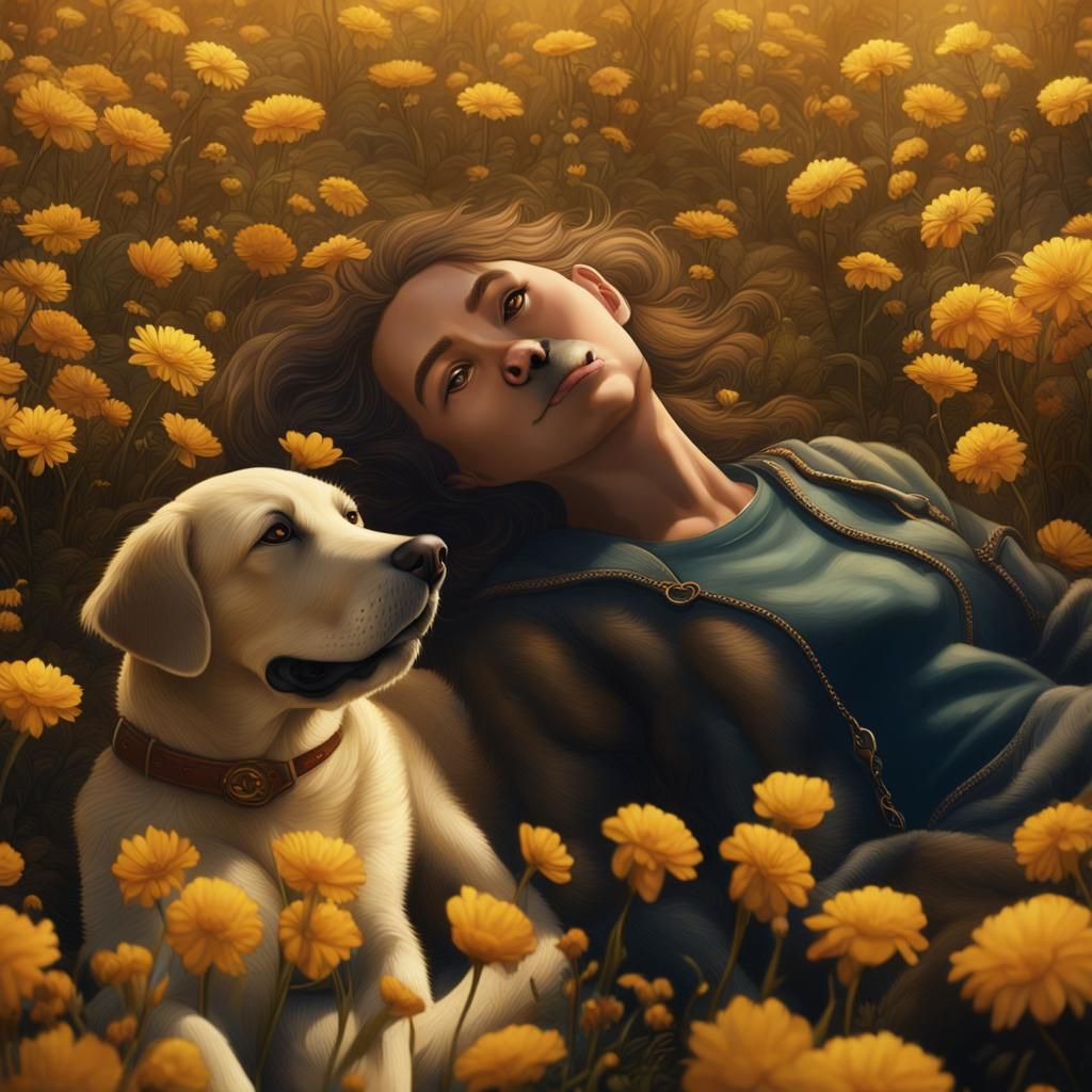 Yellow flowers around a person laying on the ground with a g...