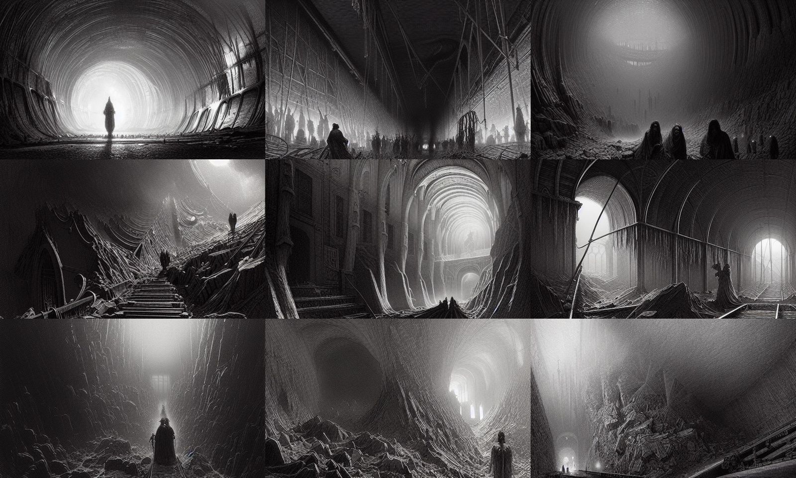Rails deepness into a crystal mine hyperdetailed charcoal dr...