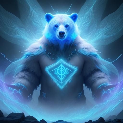 A spirit bear covered in blue runes surrounded in a blue aur...