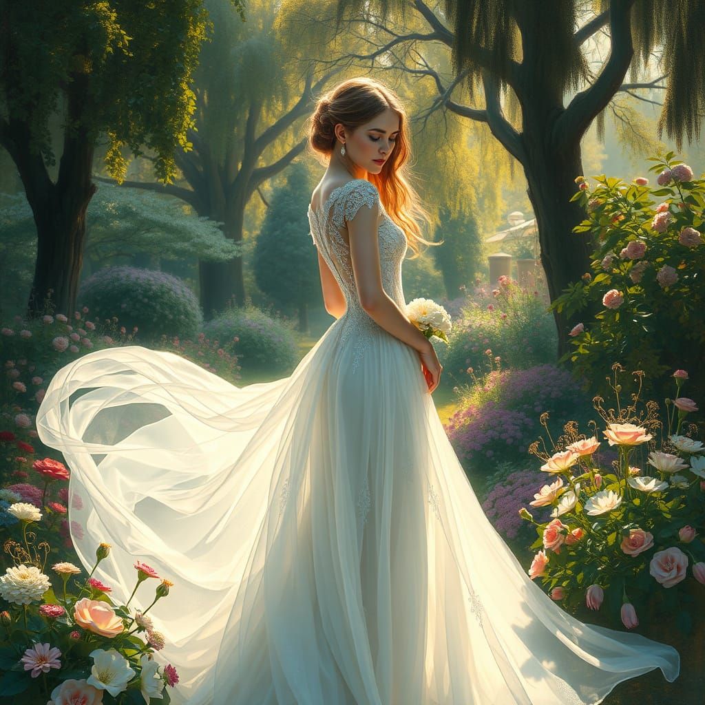 Ethereal Woman in a Dreamy Garden Scene, in Impressionist St...