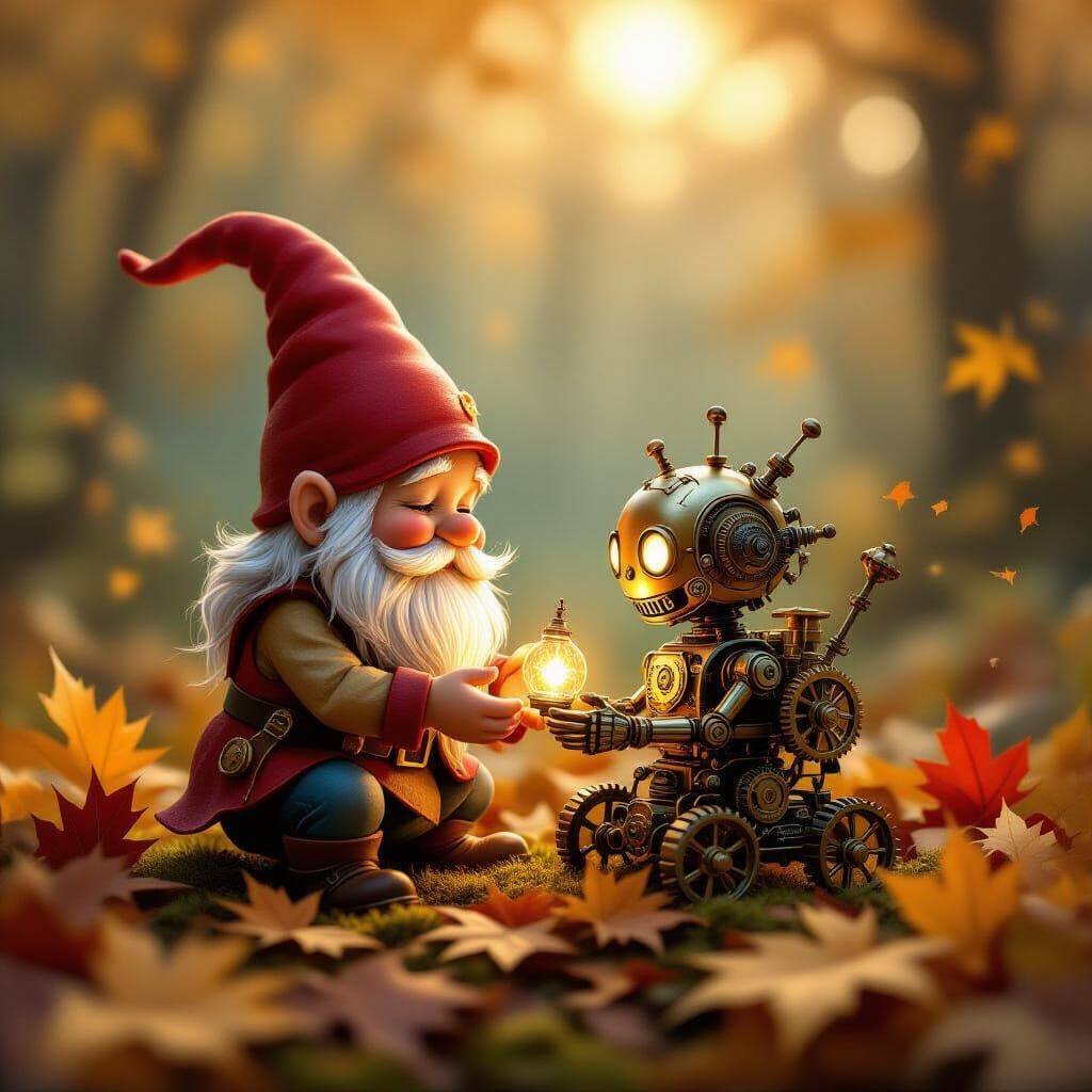 A miniature gnome carefully tending to a tiny, glowing steampunk automaton nestled amongst autumnal leaves. The scene is rendered with hyper...