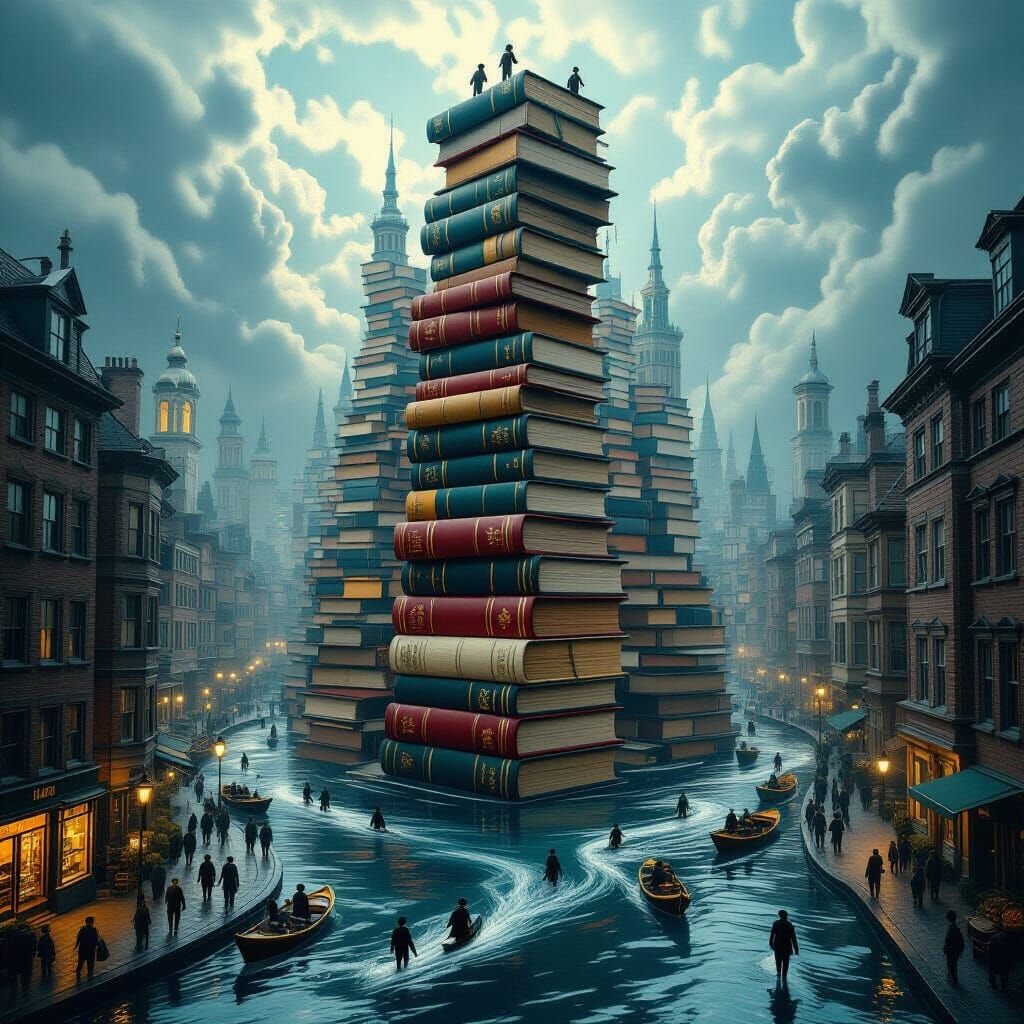 Surreal Cityscape Built From Books With Ink Rivers