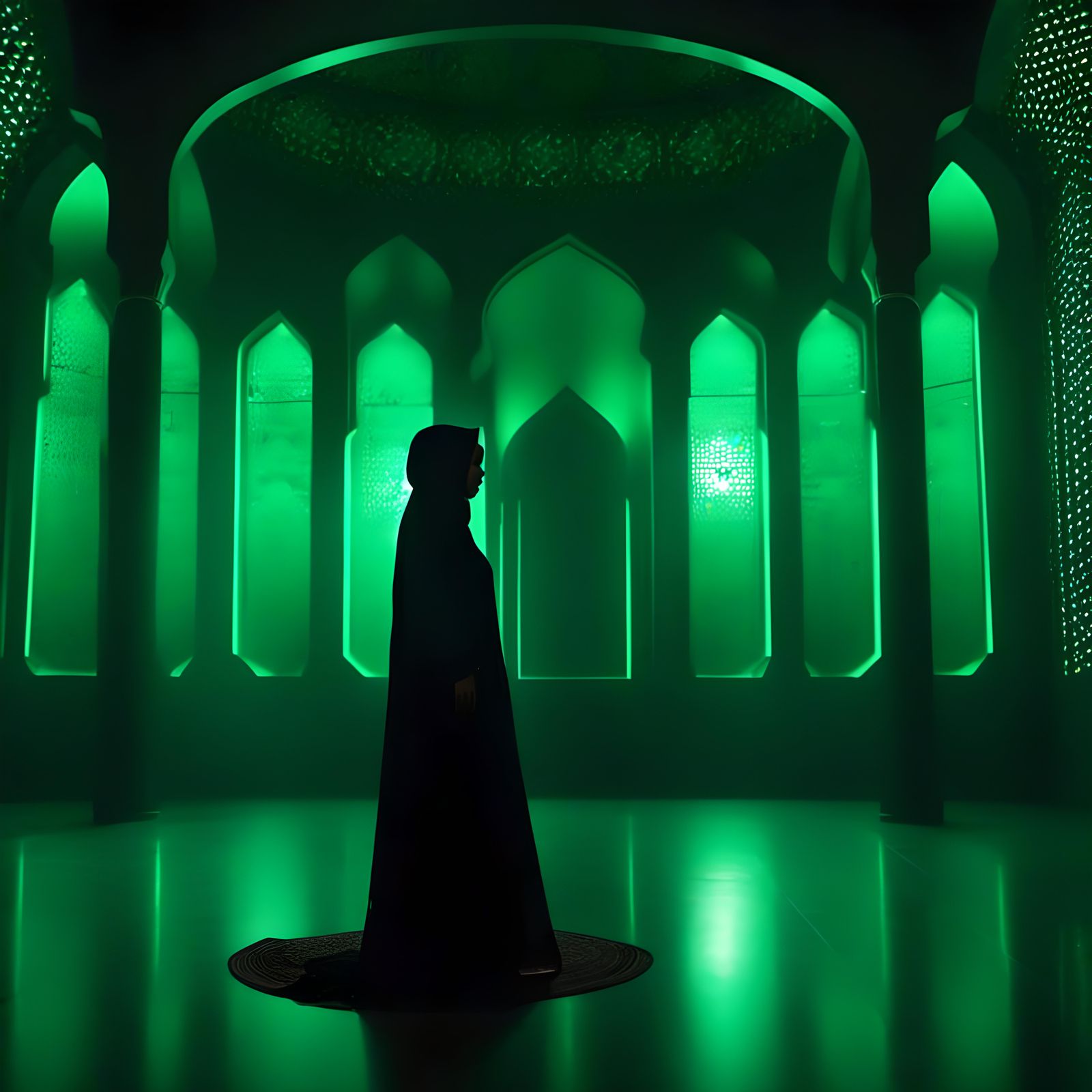Green Lit Silhouette in Islamic Architecture