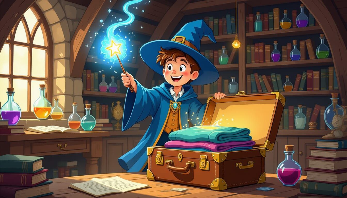 A junior wizard waving a wand in the air and making his clothes pack themselves from the bed into a suitcase.