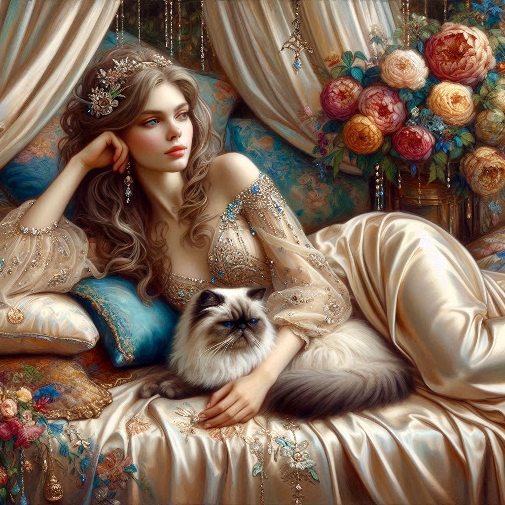 Woman in Cream Dress with Himalayan Cat