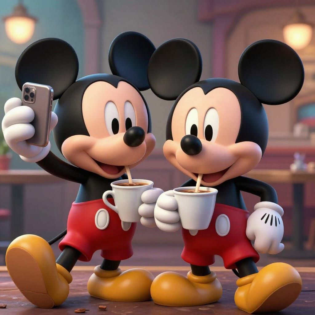 Mickey Mouses Enjoying Coffee and Taking a Selfie