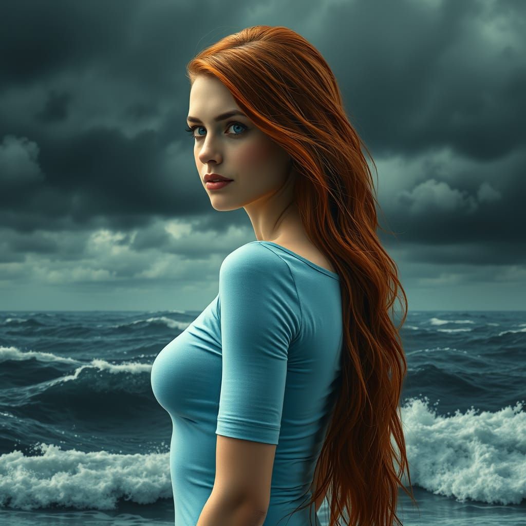 Surreal Portrait of a Strong Woman Amidst Turbulent Seascape