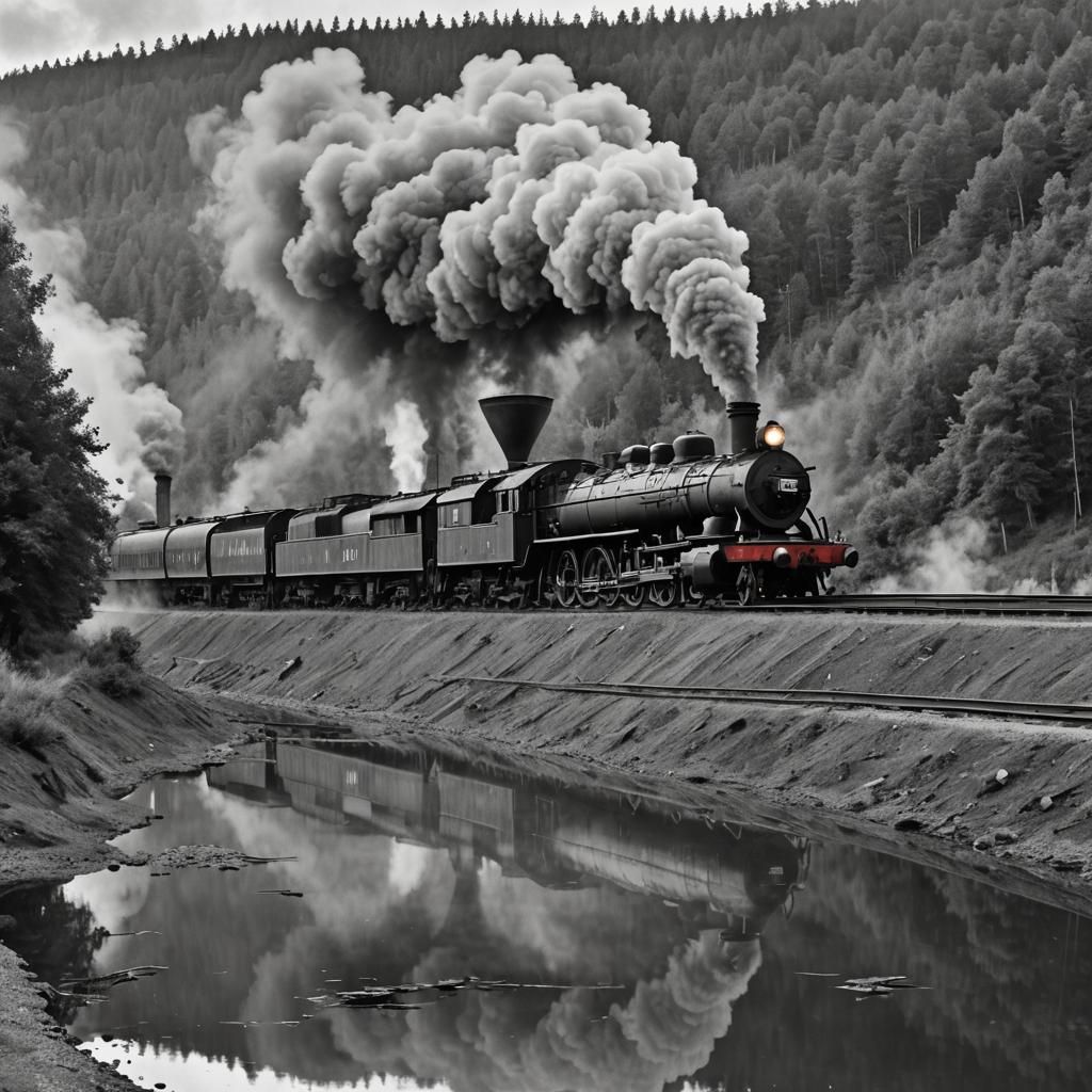 Big steam locomotive  side on viee with goods wagons coulep ...