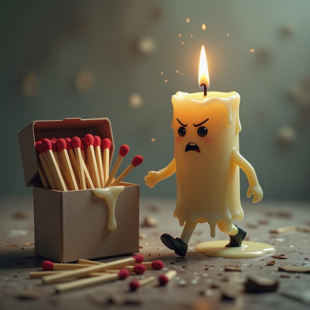 An anthropomorphic candle is melting and walking away from a box of matches, some of the matches are ...  by @morr5750