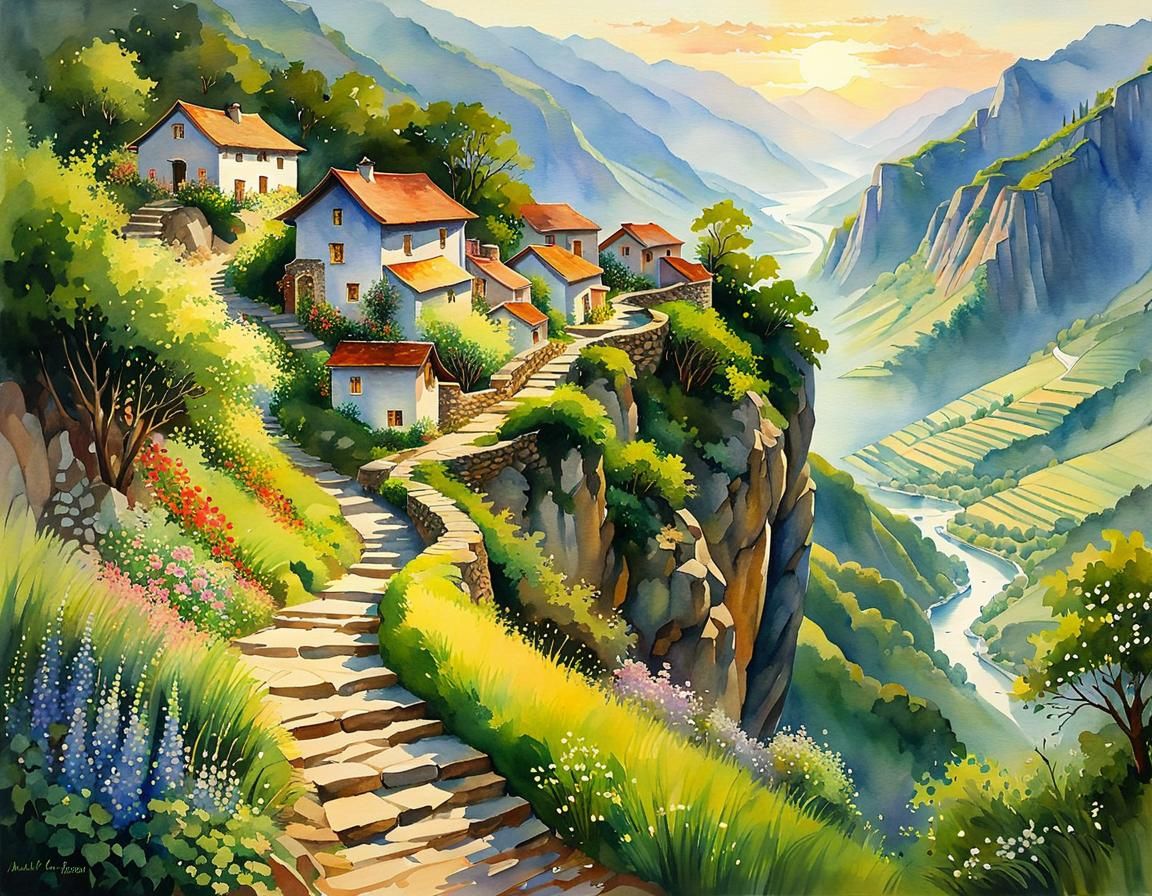 Pathway Around a Hillside Village