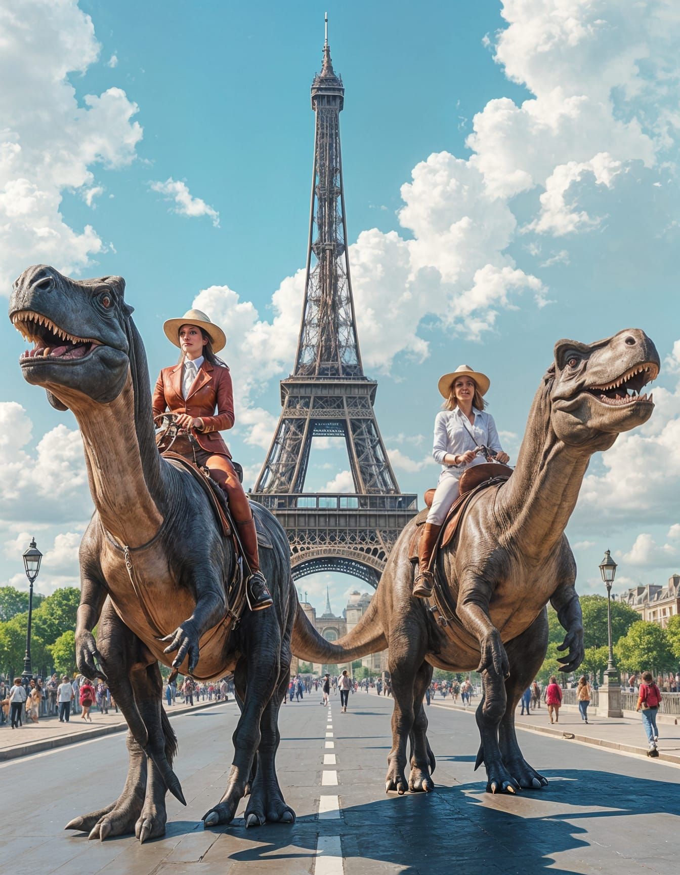 Stylish tourists ride giant dinosaurs with leather saddles and stirrups to visit the Eiffel Tower. Digital ...  by @Kh-nagsh