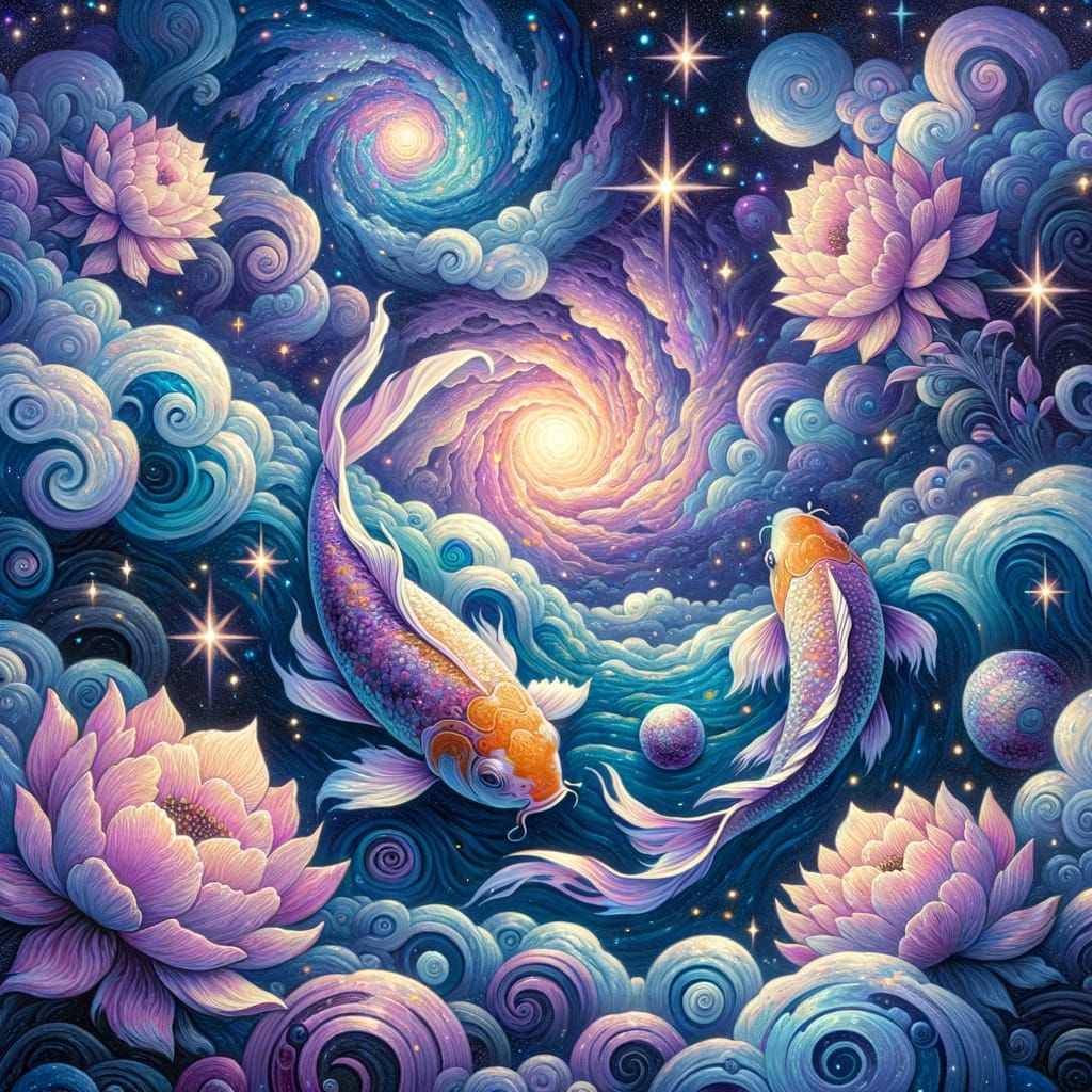 Koi fish swimming in a cosmic sea of stars, surrounded by vibrant, swirling cosmic clouds of purple ...  by @Ishya