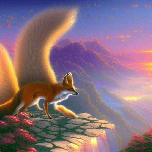 Desert sunrise with a fox spirit that is  flying with wings made with silver