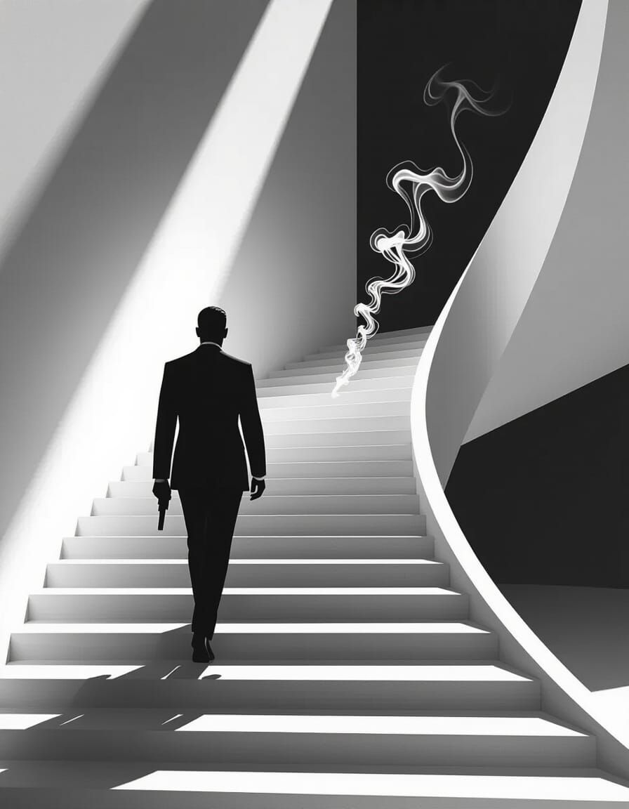 an elegant spy man in a evening suit is walking a long white carpeted  stairwell