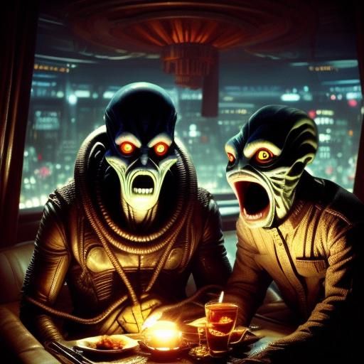 <lora:Star Scream SD15:1.0> Two aliens on a date in a fancy restaurant. Retro Sci-Fi movie scene