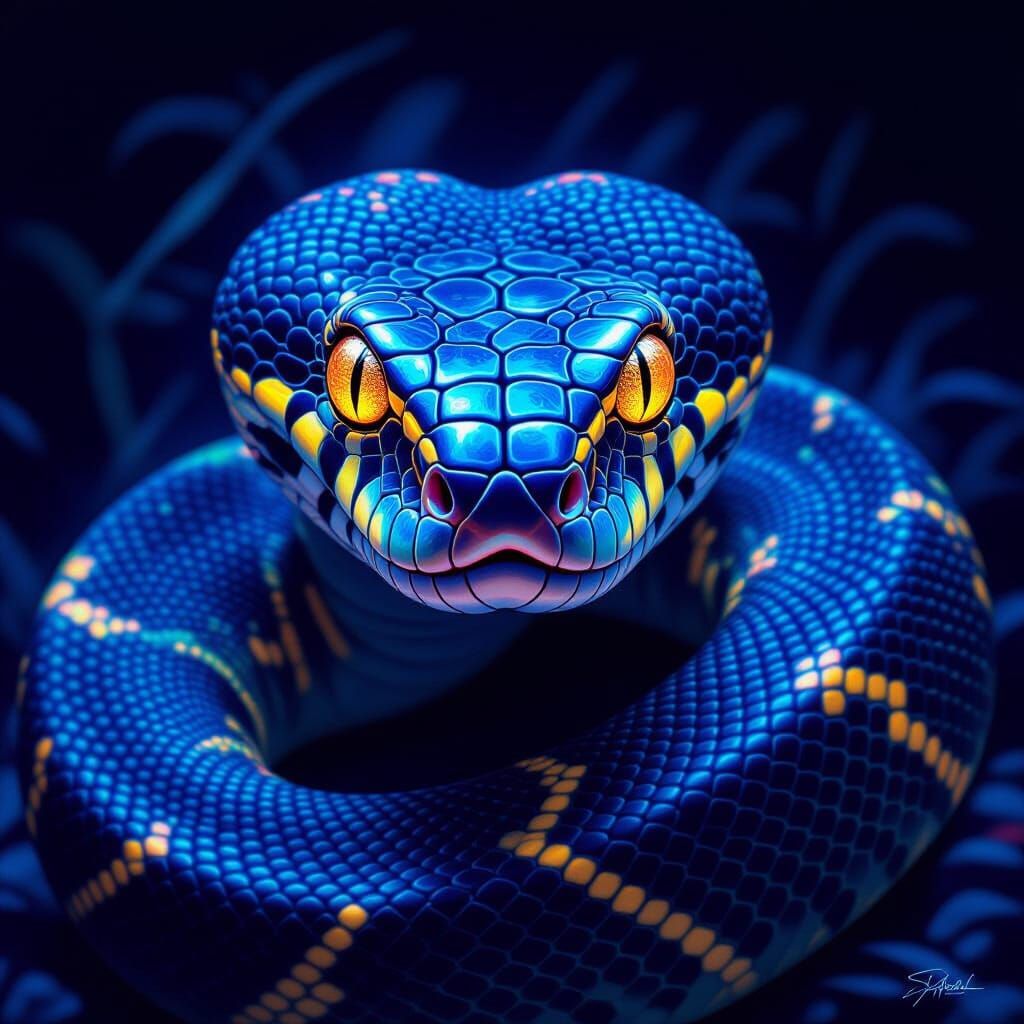 A female Indian rock Python hypnotized with blue dark blue yellow and cyan colour rings that replace her eyes