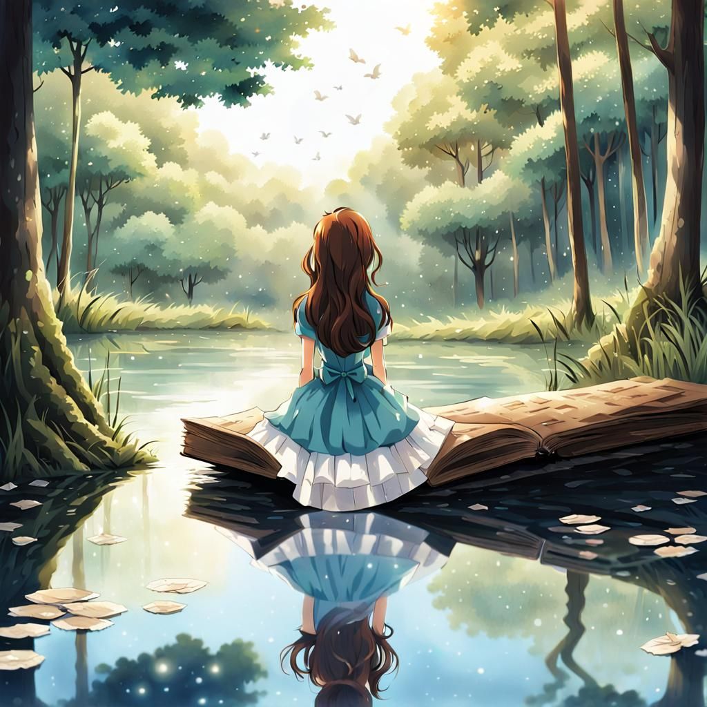 Anime Girl in Book Page Dress by Forest Pond