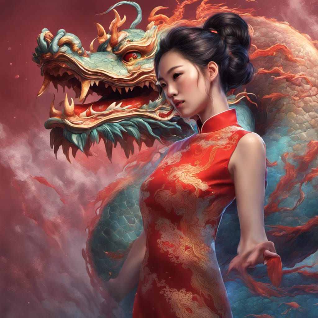 Chinese Qipao, art, elegant, Chinese dragon, lights, splashe...