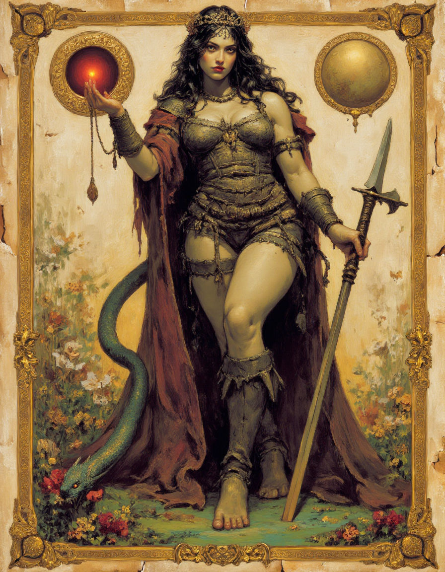 Gravure style, depicting a queen with a curvy figure