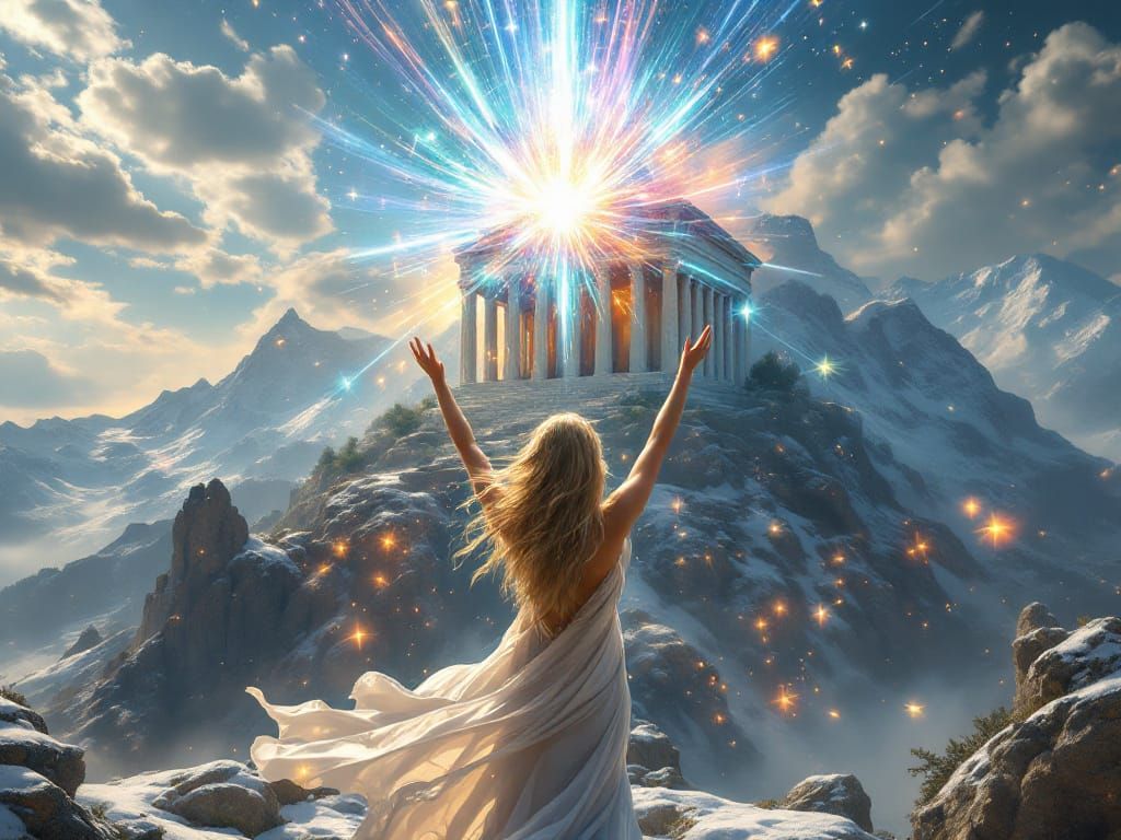 photorealistic, 8k resolution, a masterpiece, surreal, a Greek temple on a high mountain. a beautiful Greek goddess stand in front of the te...
