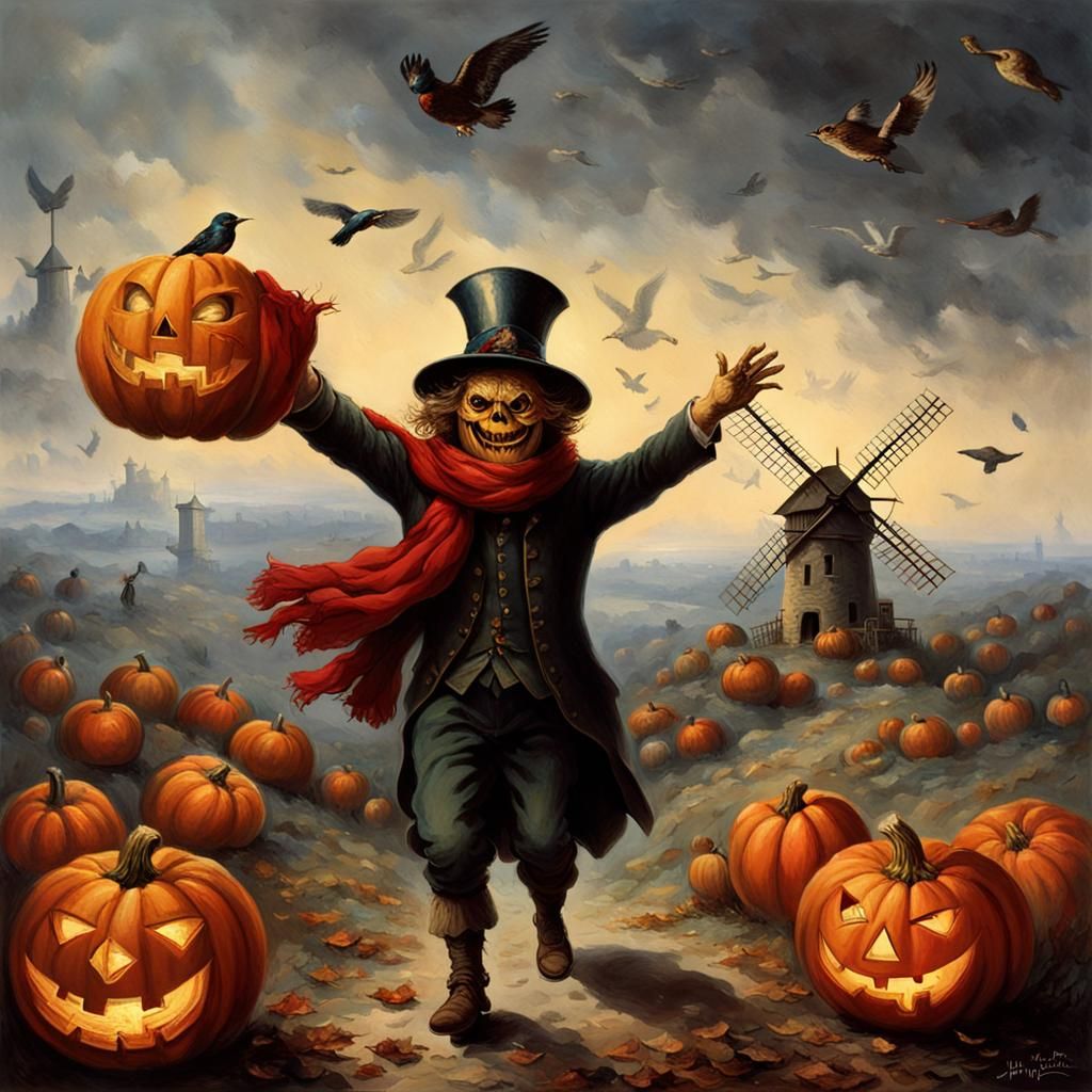 A big happy skiart with a pumpkin head and a red scarf flyin...